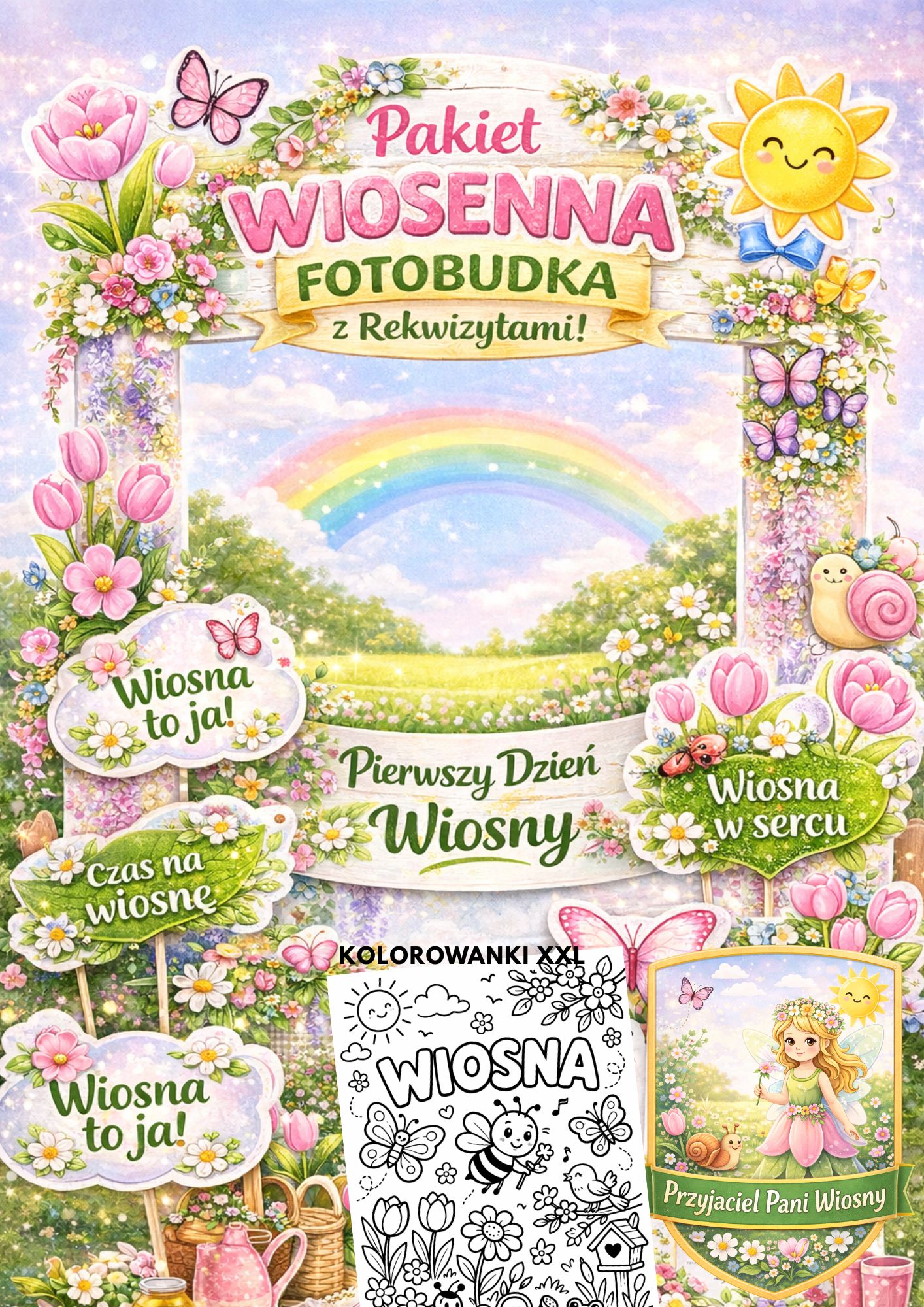 🌷 pakiet „witaj wiosno” – fotobudka + rekwizyty + kolorowanki xxl + certyfikat i odznaka